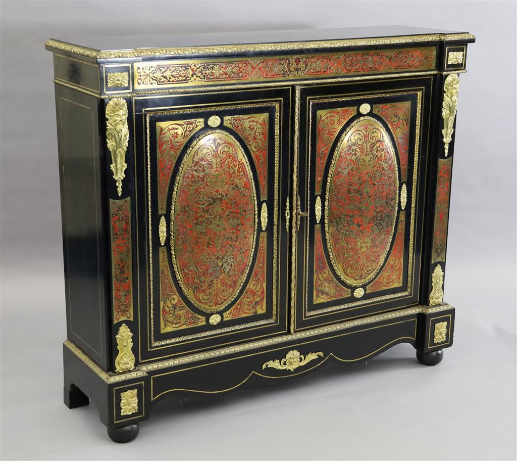 A 19th century French red buhl work and ebony side cabinet, W.4ft 4in. D.1ft 4in. H.3ft 11in.